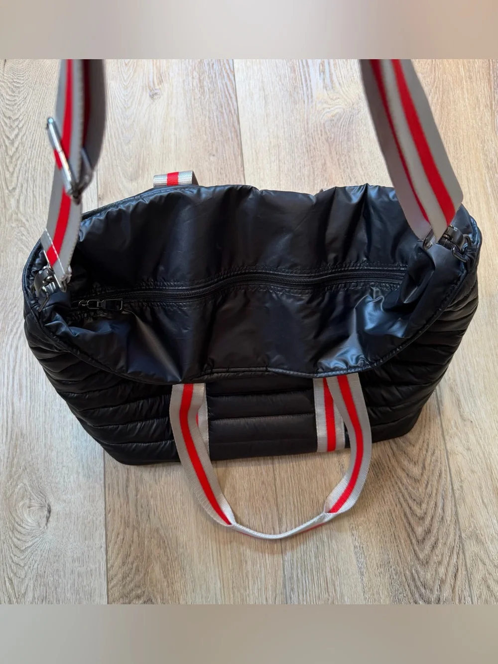 Think Royln Wingman Quilted Puffer Tote Black Red Silver Stripe